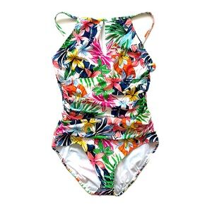 Ellen Tracy Tropical Floral Print Keyhole Top One Piece with Tummy Control Panel